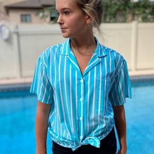 Vintage Aqua and White Striped Camp Shirt